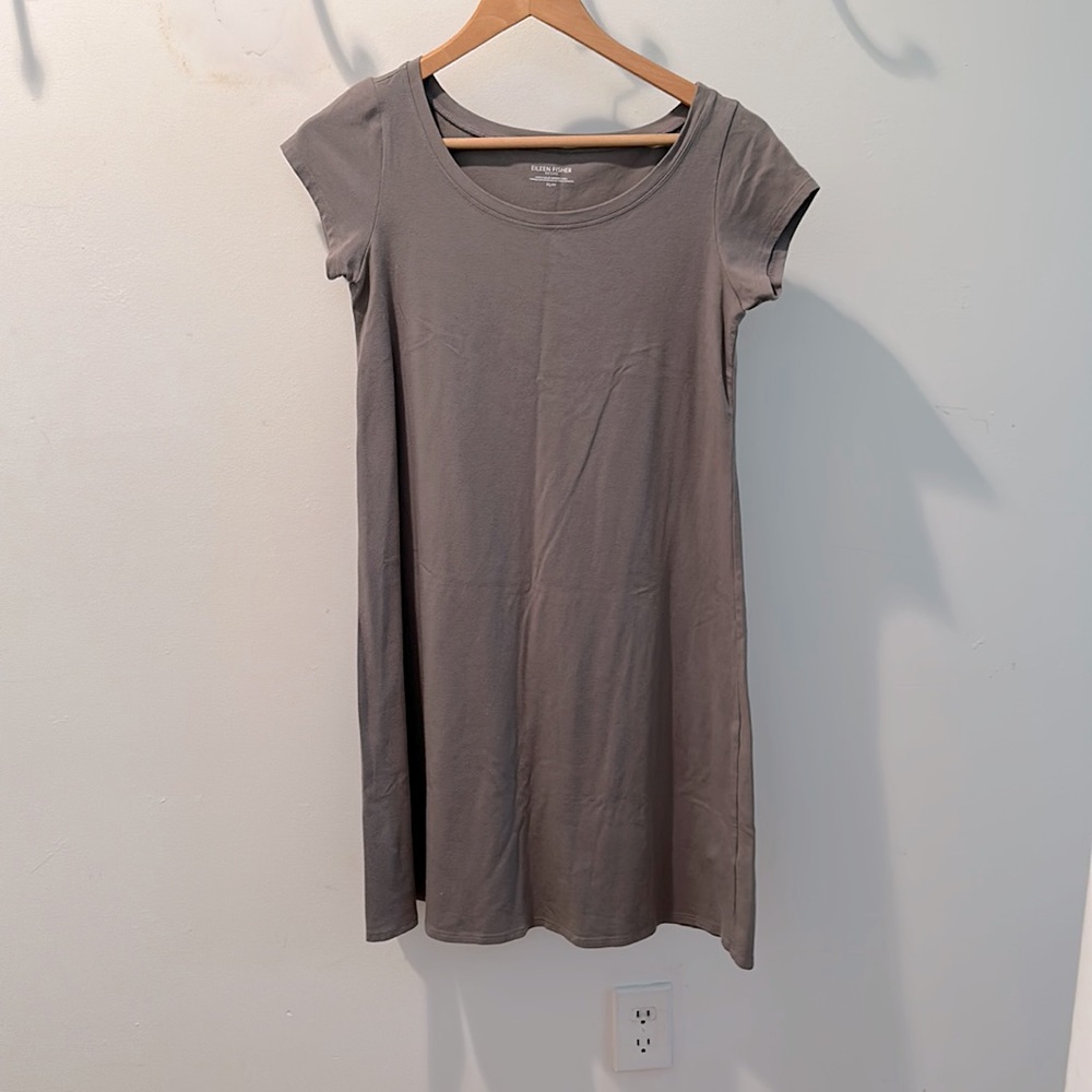 Eileen Fisher Organic Cotton Ballet Neck Dress PS/PP Neutral Gray Taupe